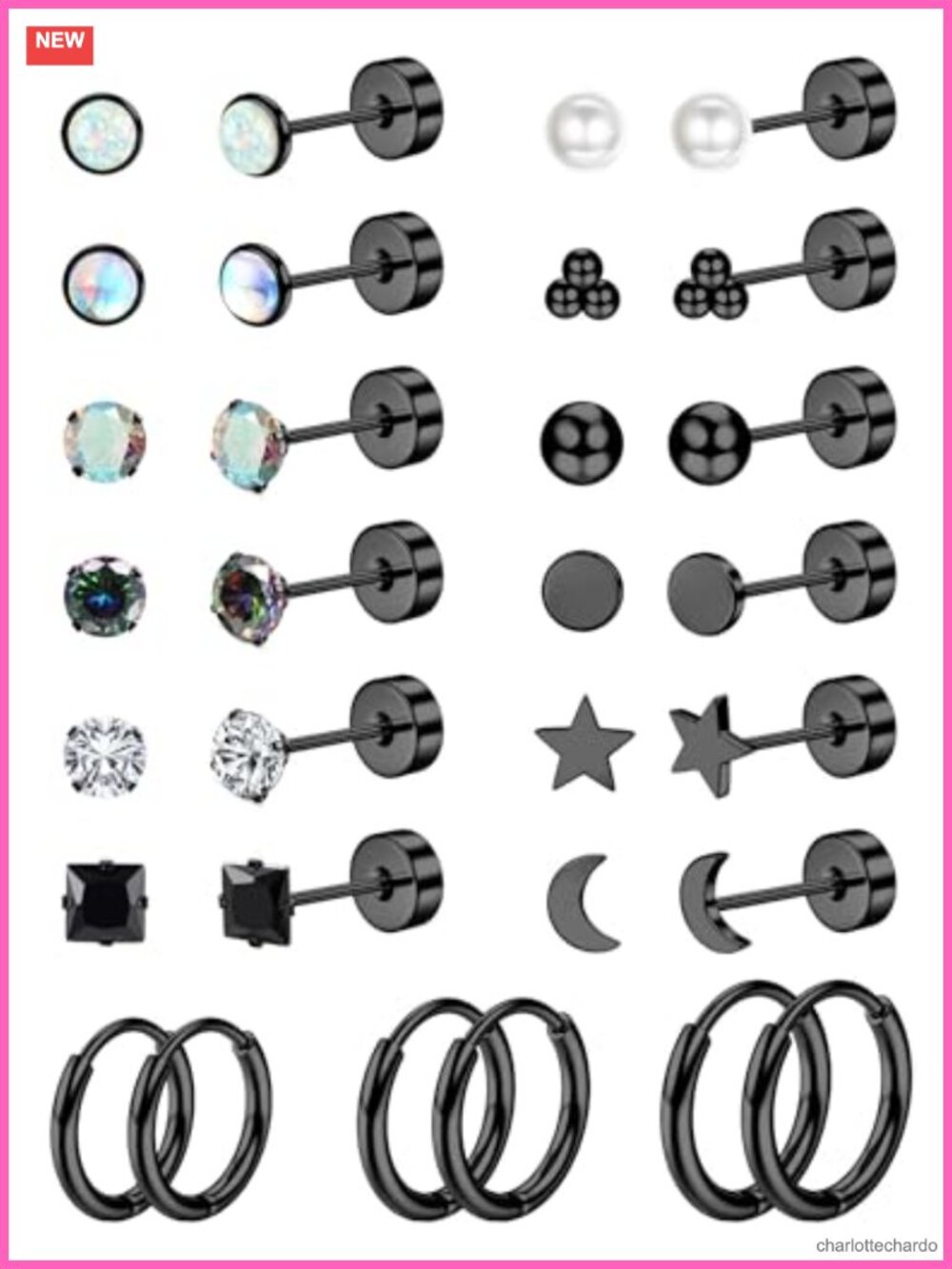 Hypoallergenic Surgical Steel Earrings Set Flat Back Studs Hoops 15 Pairs